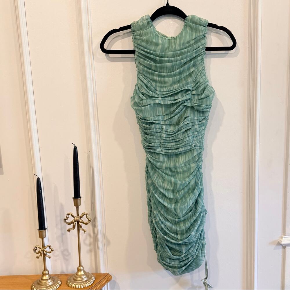NWT House of CB Cate Textured Ruched Mesh Mini Dress Sage Green - XS